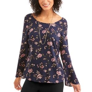 Floral Bell Sleeve Blouse Dark Blue Sz XL NWT